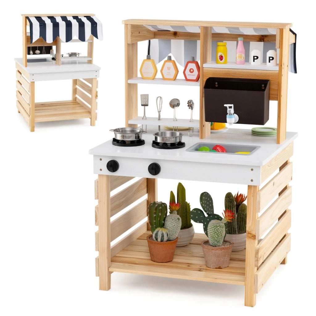 Cucina giochi in legno a doppia faccia con lavandino vaschetta per l'acqua, Set di cucina per bambini dai 3+ anni Naturale-Cucine giocattoli