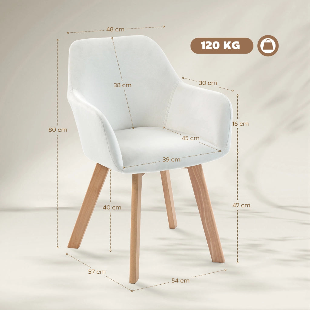 Set 2 Sedie da Pranzo con Braccioli ¨C Xylo ¨C Rivestimento Tessuto Effetto Velluto Crema, Gambe Legno