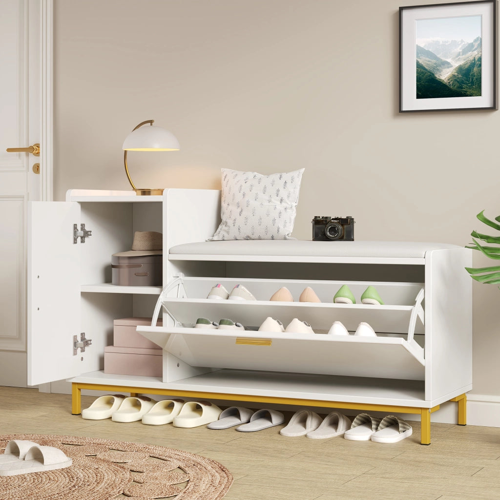 Scarpiera con 2 ripiani e 1 anta; seduta - per ingresso - 100×38×68 cm - bianco e oro