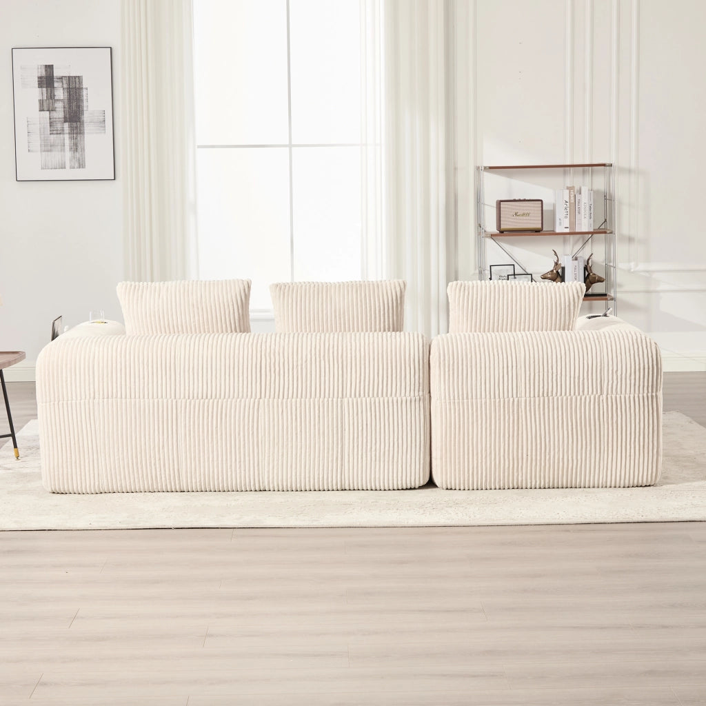 Divano Modulare 2 Posti con Tasche Laterali e Porta Bicchieri in Cord Beige 253 × 158 × 61 cm
