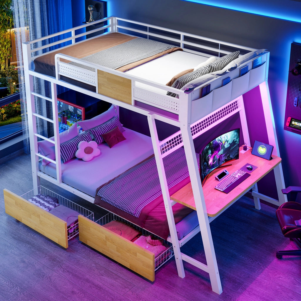 Letto a castello in metallo 90x200 cm con scrivania integrata; LED e vani contenitore; bianco