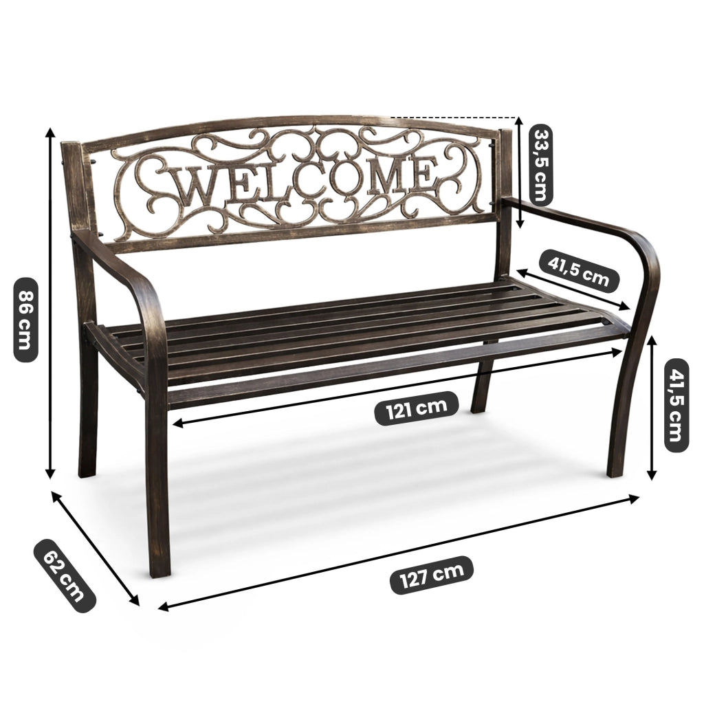 Panchina da giardino bruna IRYS con gambe in acciaio e schienale in ghisa larghezza 127 cm