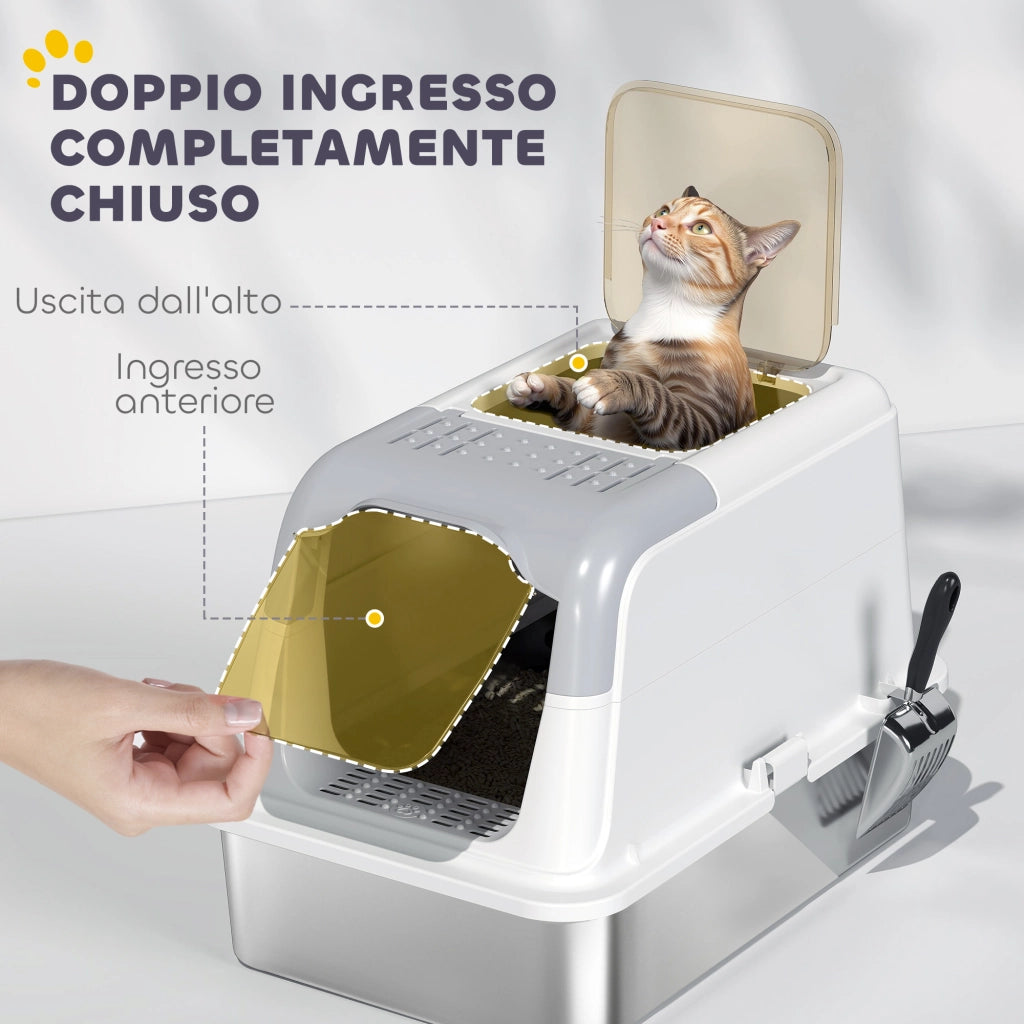 Lettiera Chiusa per Gatti a Doppio Accesso con Deodorante e Paletta ¨C zephmum ¨C 60.4x40.4x41.8 cm, Bianco e Grigio