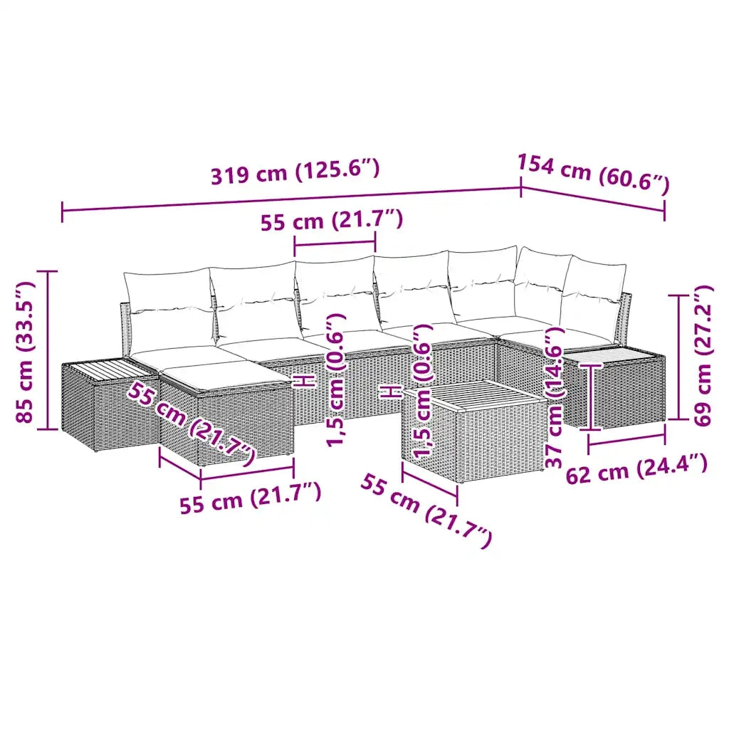 Set Divano da Giardino con cuscino 8 pcs Beige Poly Rattan 3348136