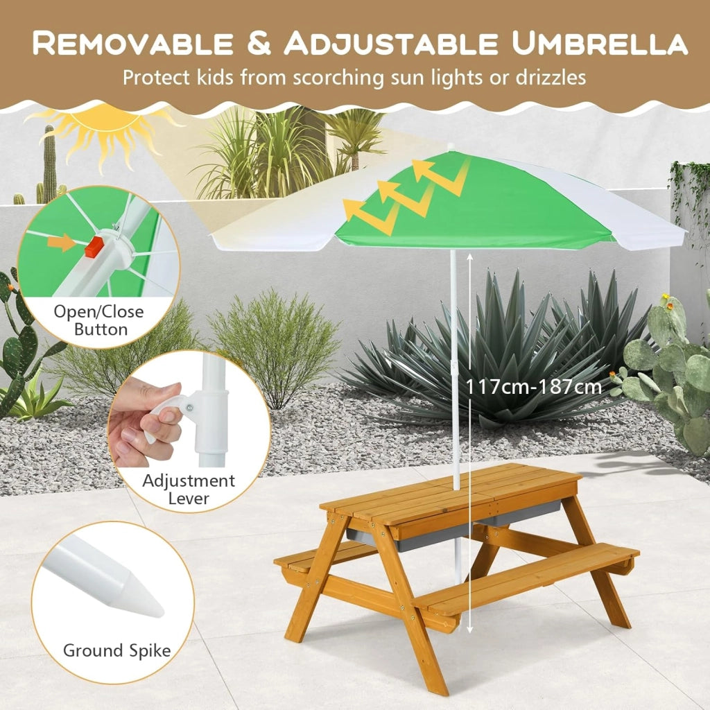 3-in-1 Set Tavolo Picnic per Bambini, con Ombrellone Regolabile e 2 Vaschette da Gioco, Panche per Bambini in Legno di Abete, Giochi Esterno da Giardino e Parco, 187 cm (Verde + Giallo)