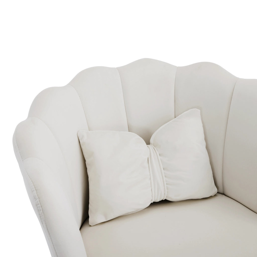Sedia da Pranzo Set da 6 con Schienale a Petalo, Cuscini e Gambe in Metallo Dorato, in Velluto Beige