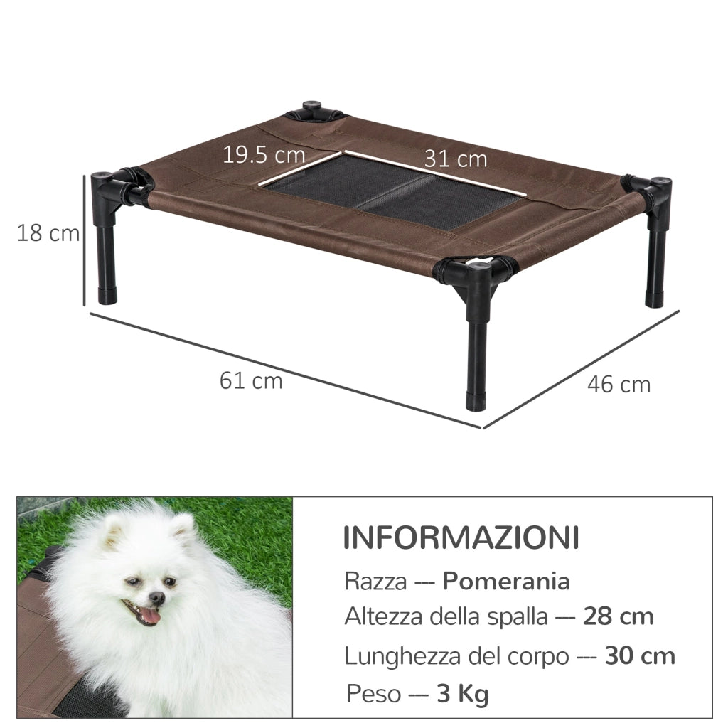 Lettino per Cani Rialzato con Seduta Traspirante 61x46x18 cm in Acciaio e Tessuto Nero e Caffè