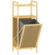 Mobile Bagno a Doghe con Cesto Portabiancheria e Armadietto, in Bambù e Poliestere, 40x30x95 cm, Grigio e Legno