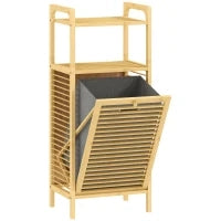 Mobile Bagno a Doghe con Cesto Portabiancheria e Armadietto, in Bambù e Poliestere, 40x30x95 cm, Grigio e Legno