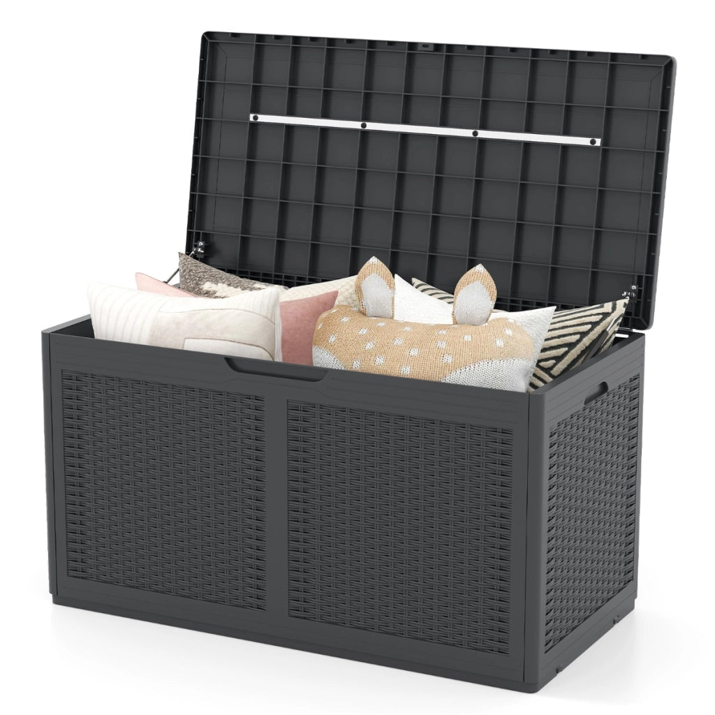 Panchina contenitore impermeabile con coperchio bloccabile, Baule da esterno in resina 380 l da giardino Grigio-Casette da giardino