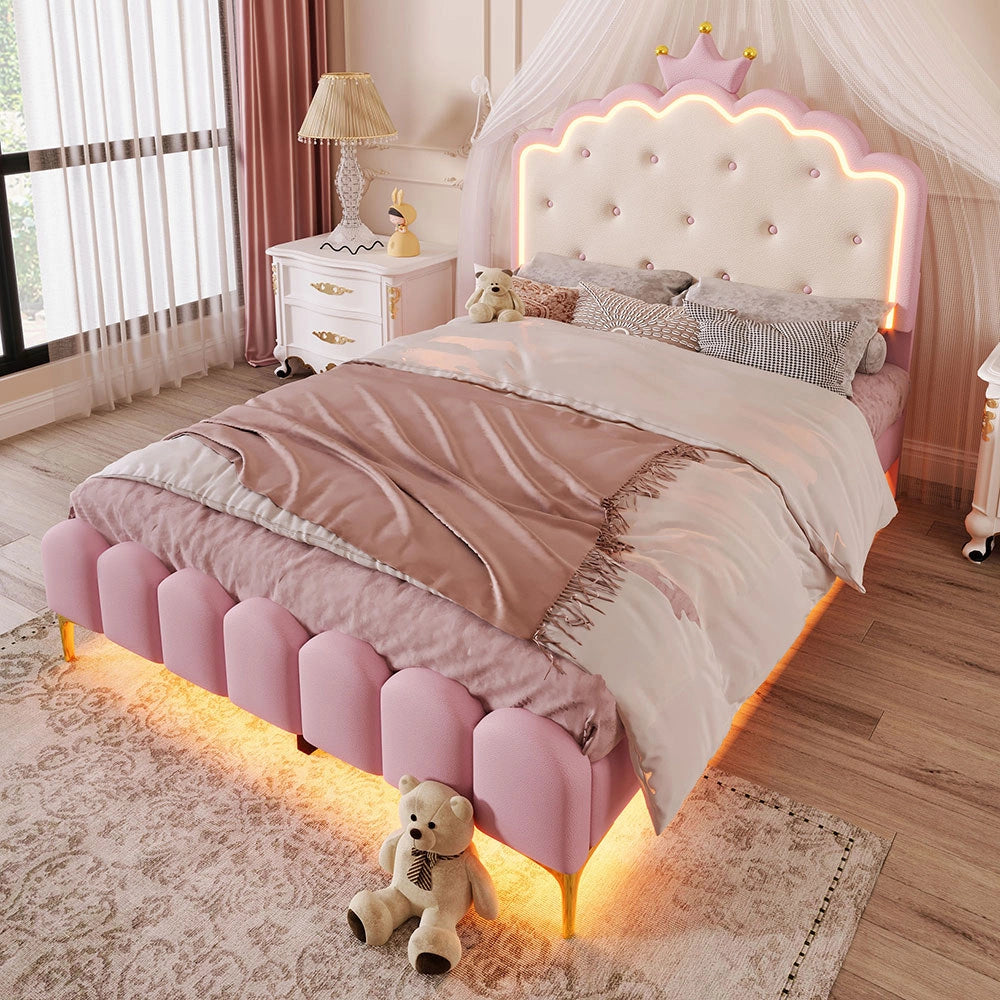 Letto imbottito 140x200 cm - Xylo - Luce ambientale telecomando forma principessa PU rosa