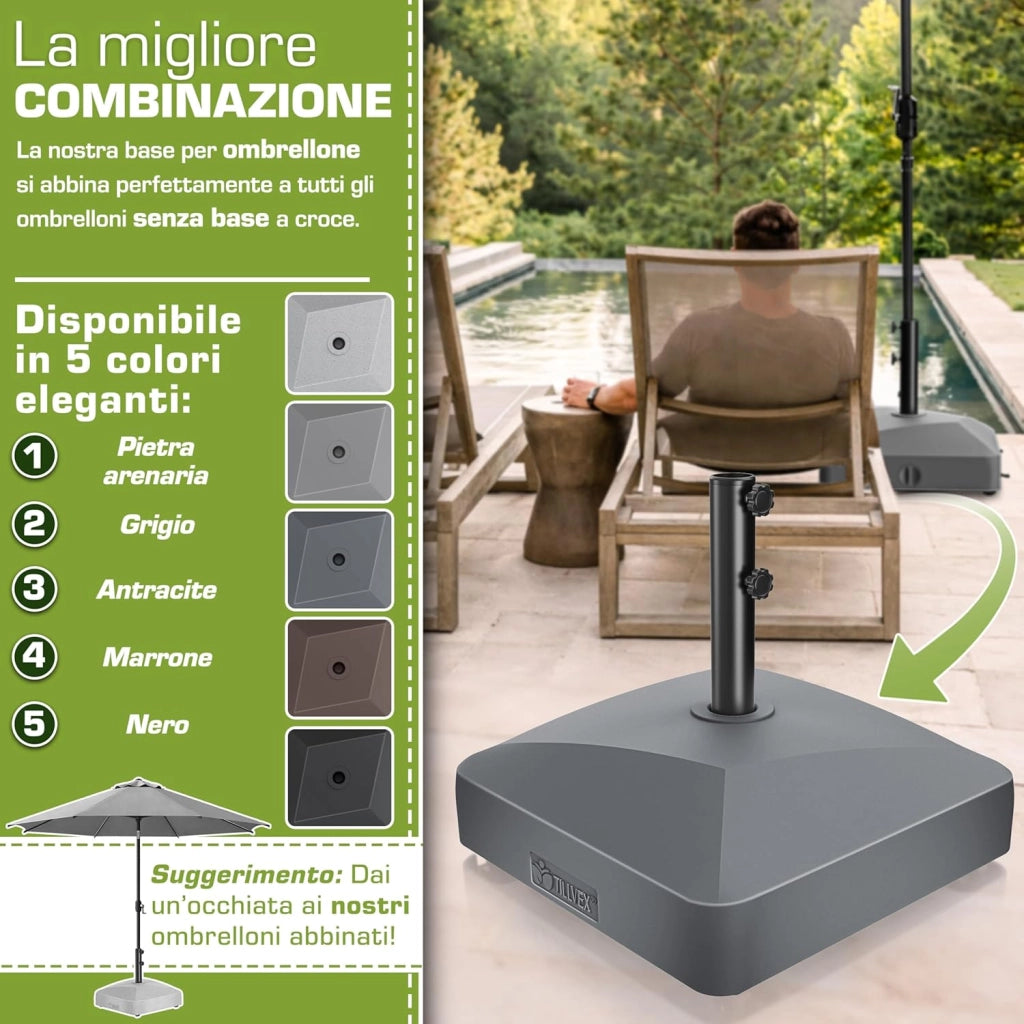 tillvex® Base per ombrellone GRAVIA e Ruote e Freni | Zavorra ombrellone riempibile 37L/56kg | Piedistallo per ombrelloni Giardino e Mercato Ø1,8-3,7m | Resistente a intemperie e UV (Antracite)