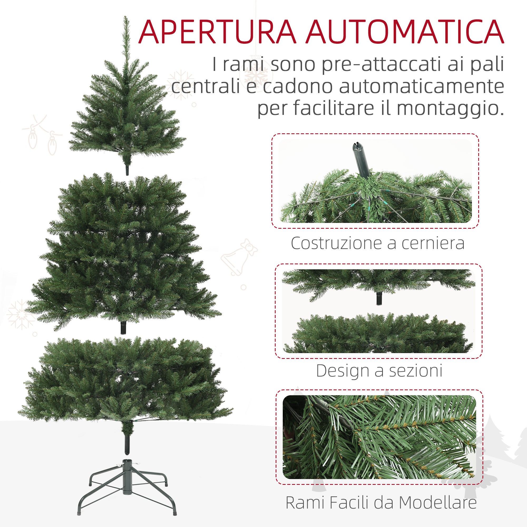 Albero di Natale Artificiale 195 cm 1838 Rami con Apertura Automatica Verde