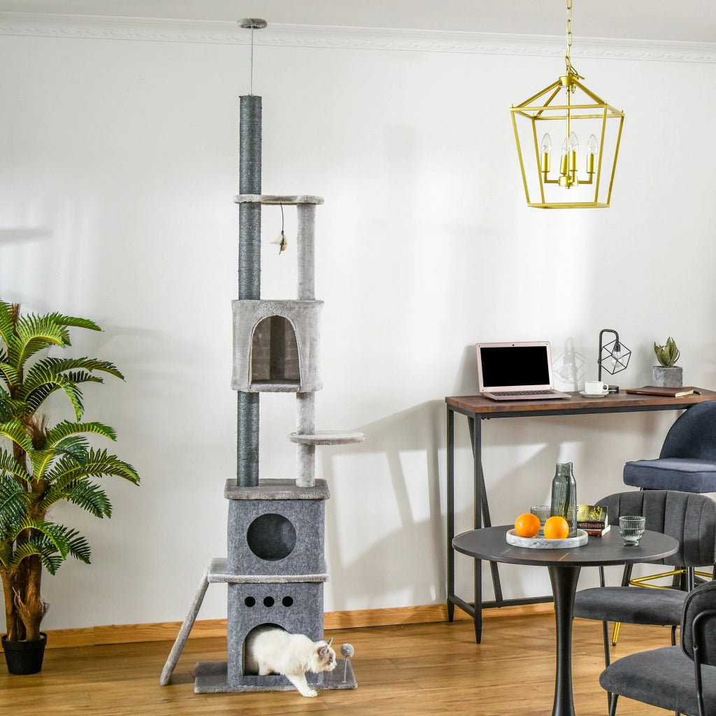 Torre tiragraffi per gatti con 6 livelli e 3 ripiani ¨C zephmum ¨C 225-255 cm regolabile in altezza grigio chiaro