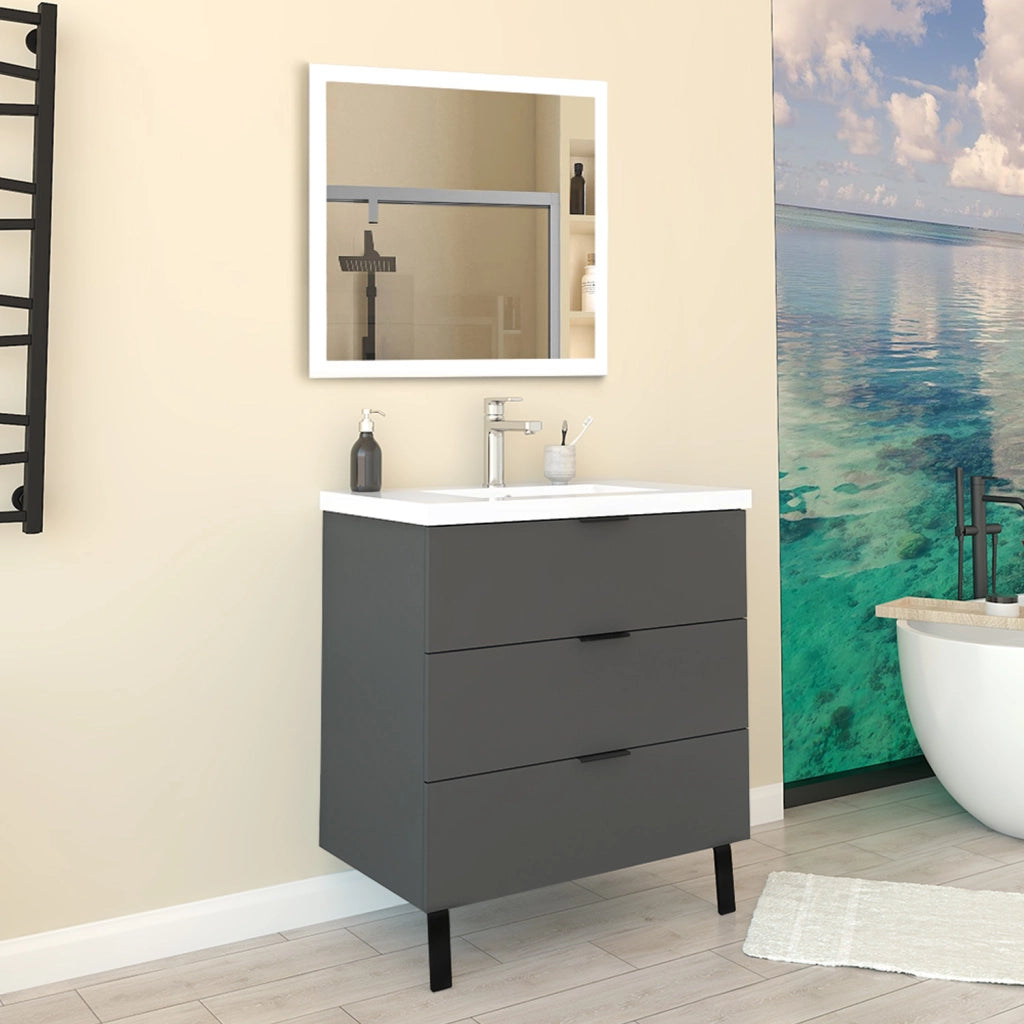 Mobile Bagno Appoggio 80 cm con 3 Cassetti, Lavabo da Incasso, Nero