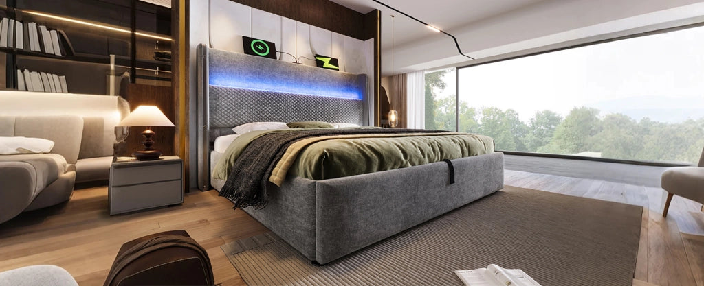 Letto contenitore 180x200 cm con testiera alta; LED e prese USB/Type-C in lino grigio