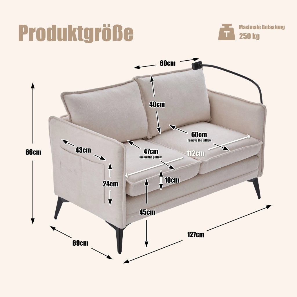 Divano 2 Posti con Tasche Laterali e Supporto per Telefono Regolabile in Ciniglia Beige 127 × 69 × 66 cm