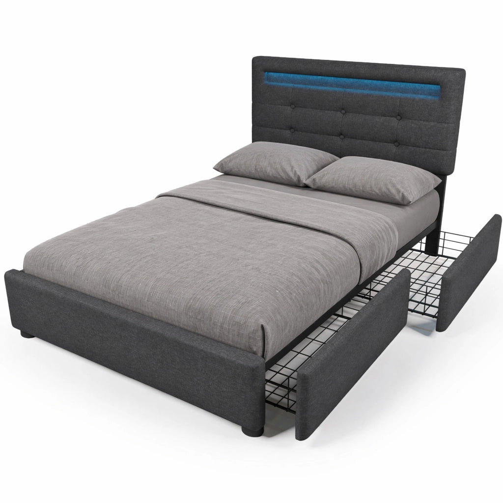 Letto singolo 90x200 cm in lino grigio con LED; 2 cassetti e materasso a molle insacchettate