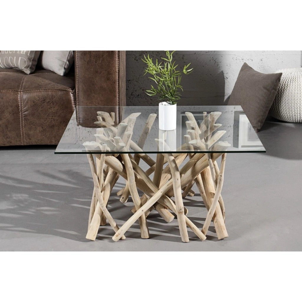 Tavolino basso WOODEN quadrato 80 cm – Tavolino design in legno di galleggiamento e vetro temperato