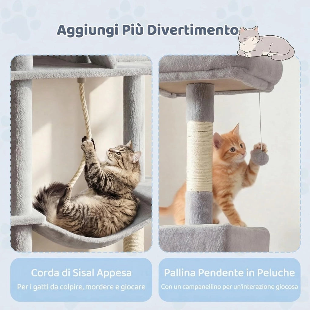 Albero per Gatti Alto 158 cm, Albero Tiragraffi con Trespolo di Peluche, Grotta, Amaca, Tiragraffi in Sisal, Rampa, Corda Appesa e Pallina Pendenti, Centro Attività per Gattini (Grigio Chiaro)