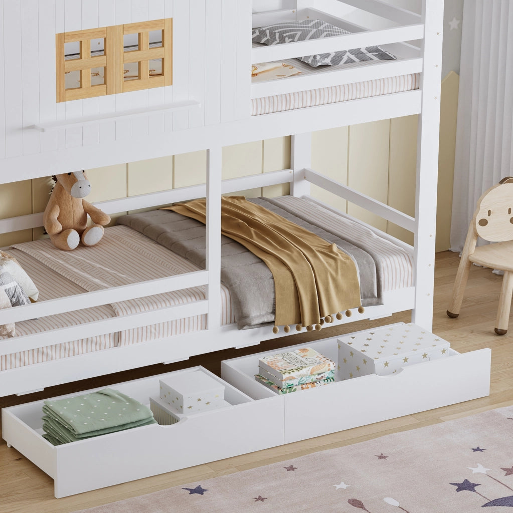 Letto a castello per bambini con finestre, tetto e due cassetti