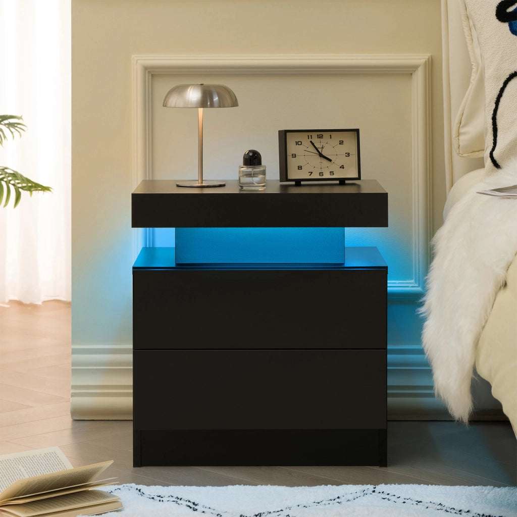 Comodino con LED multicolore, 2 cassetti e vano aperto, per camera da letto e soggiorno, nero, in legno ingegnerizzato