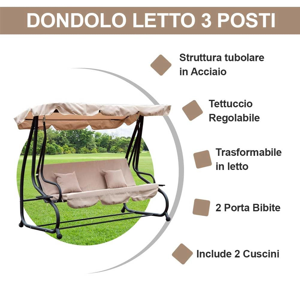 Dondolo da Giardino 3 Posti con Tetto Reclinabile, Cuscini e Funzione Letto Matrimoniale