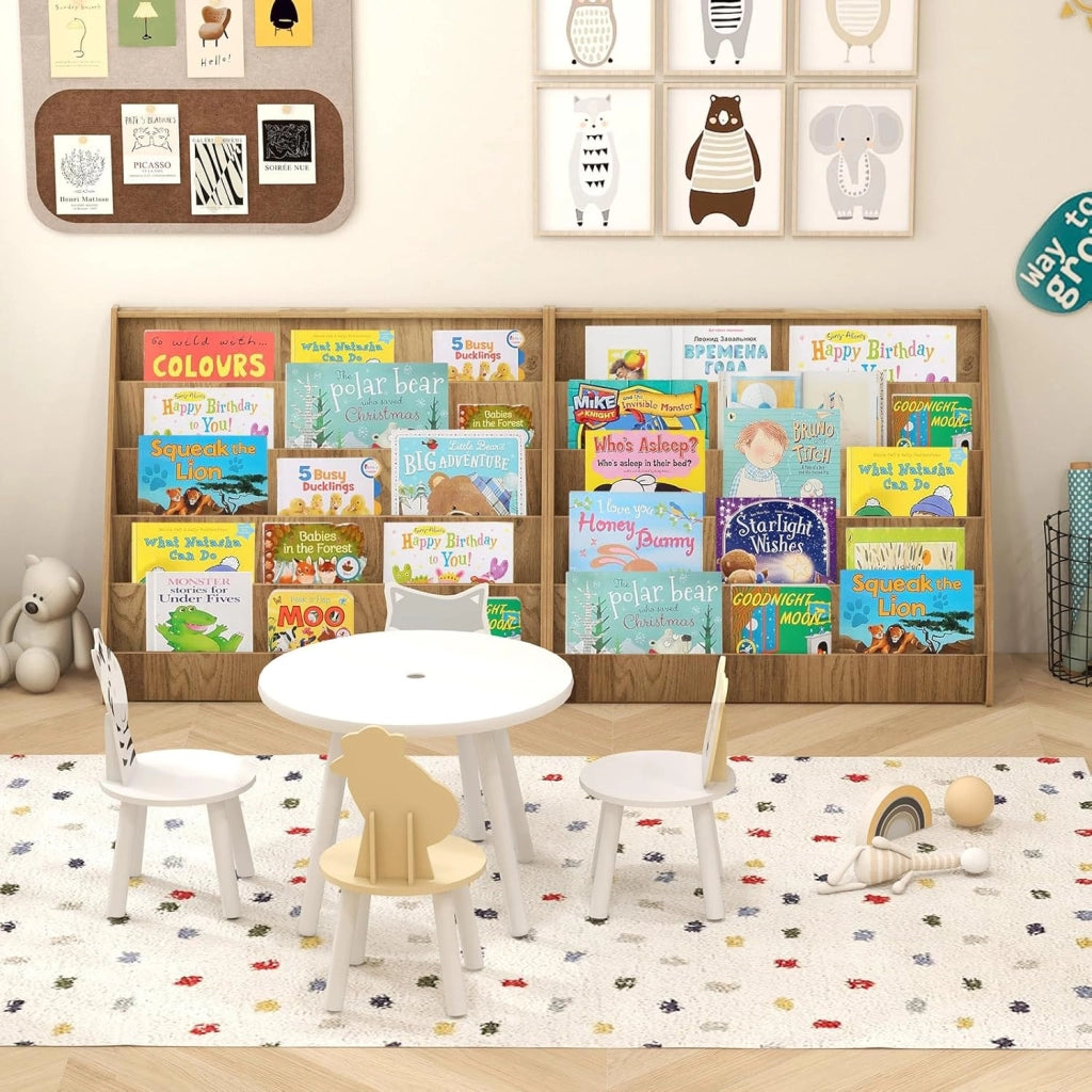 Libreria Montessoriana per Bambini a 5 Livelli, Scaffali Espositivi con Spazio Nascosto sul Retro e Antiribaltamento, per Cameretta, Soggiorno e Asilo Nido, 91 x 38 x 76,5 cm (Naturale)