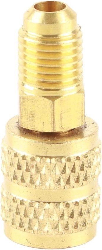 Adattatore per condizionatori d'aria R410A HVAC con connessione in rame da 1/4 pollici maschile SAE a 5/16 pollici femmina SAE.