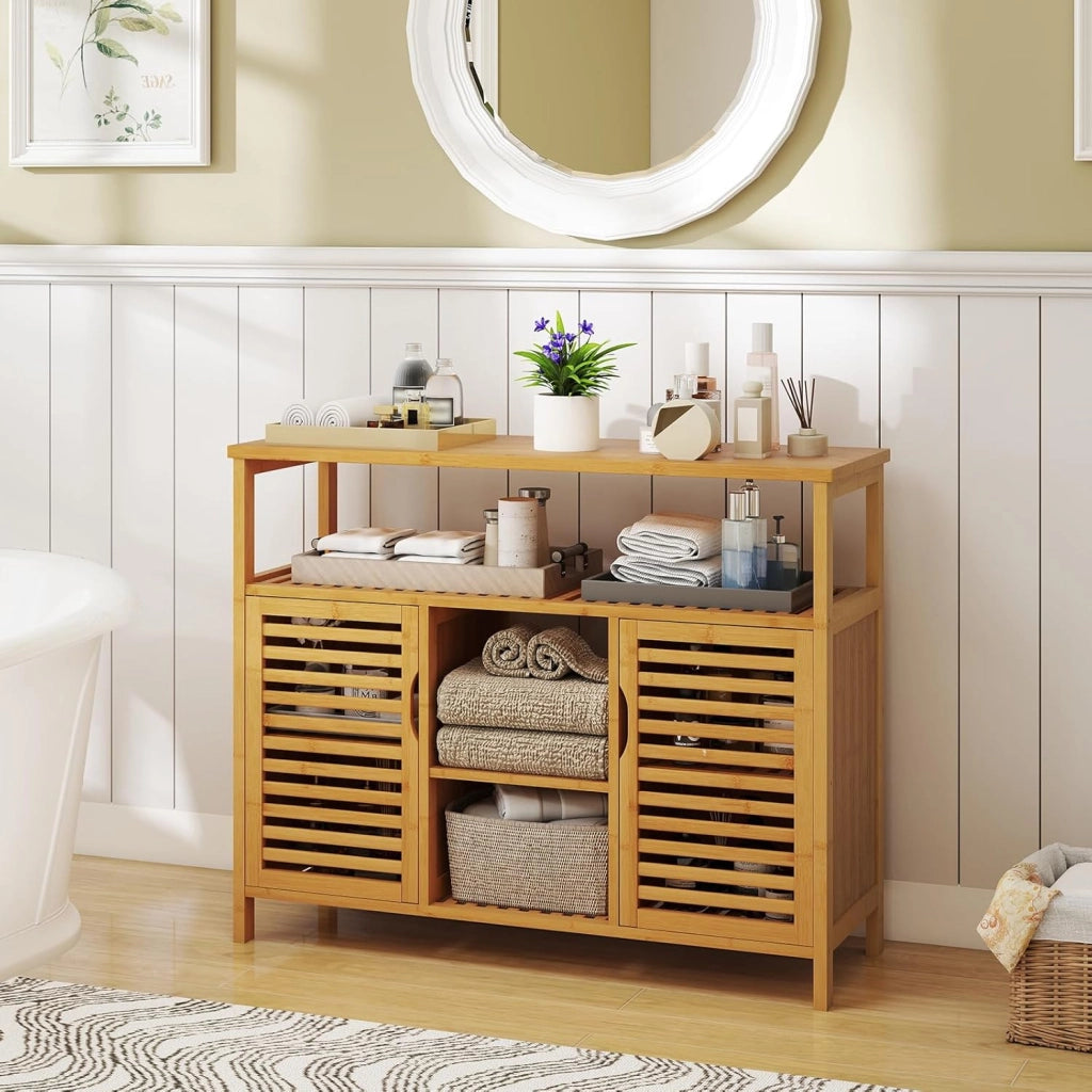 Armadio da bagno in bambù con ante a persiana e mensole, organizer per soggiorno, ingresso, cucina, sala da pranzo, 100 x 35 x 80 cm, naturale
