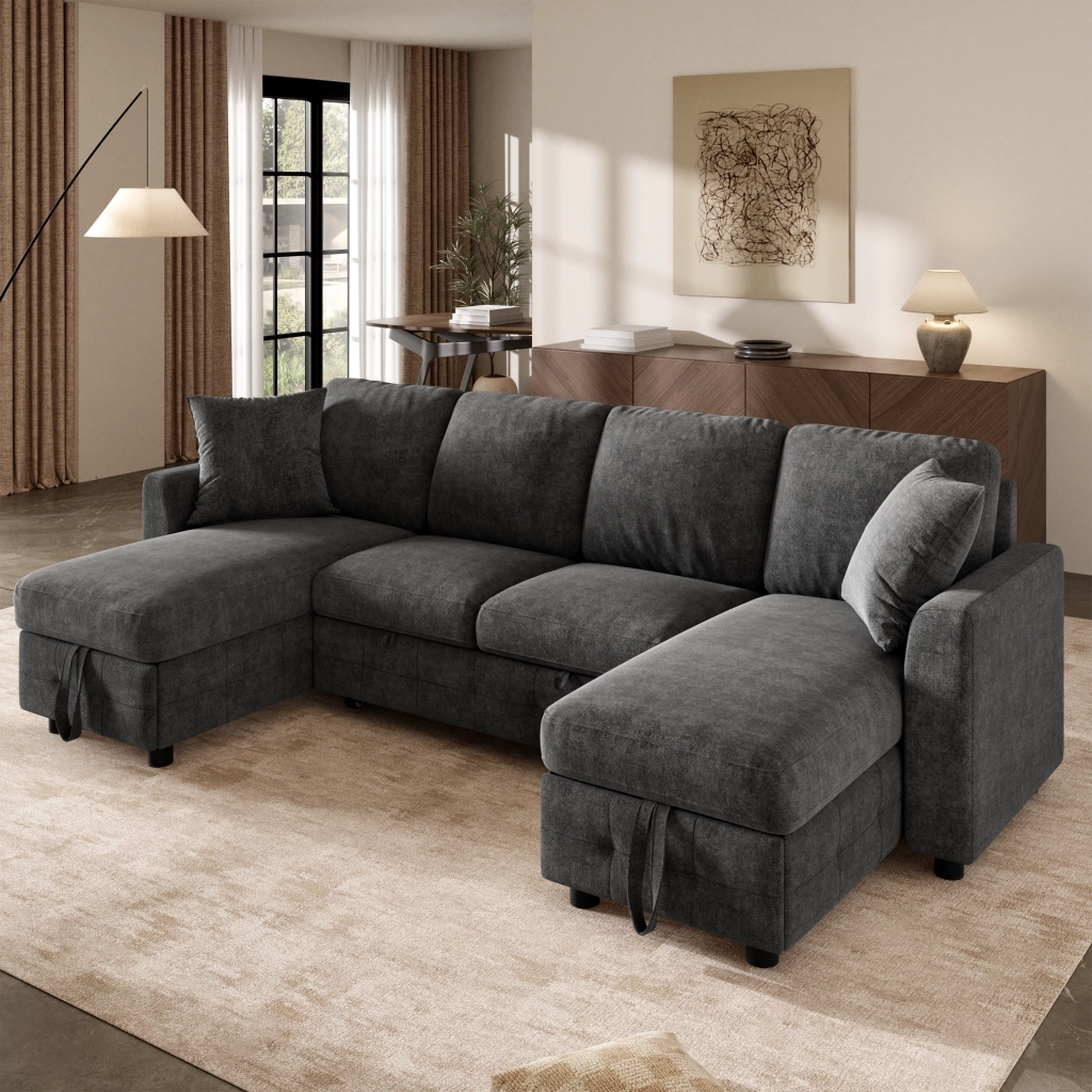 DIVANO LETTO a U con funzione estraibile, 260x128x82 cm, grigio scuro, in chenille