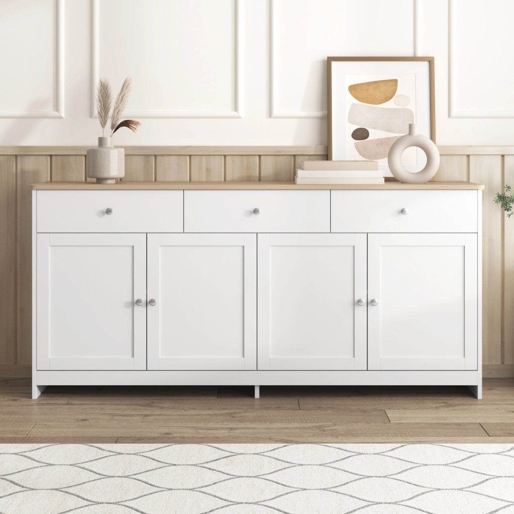 Credenza 160x37x75 cm con 3 cassetti; 4 ante e ripiani regolabili in MDF bianco e naturale
