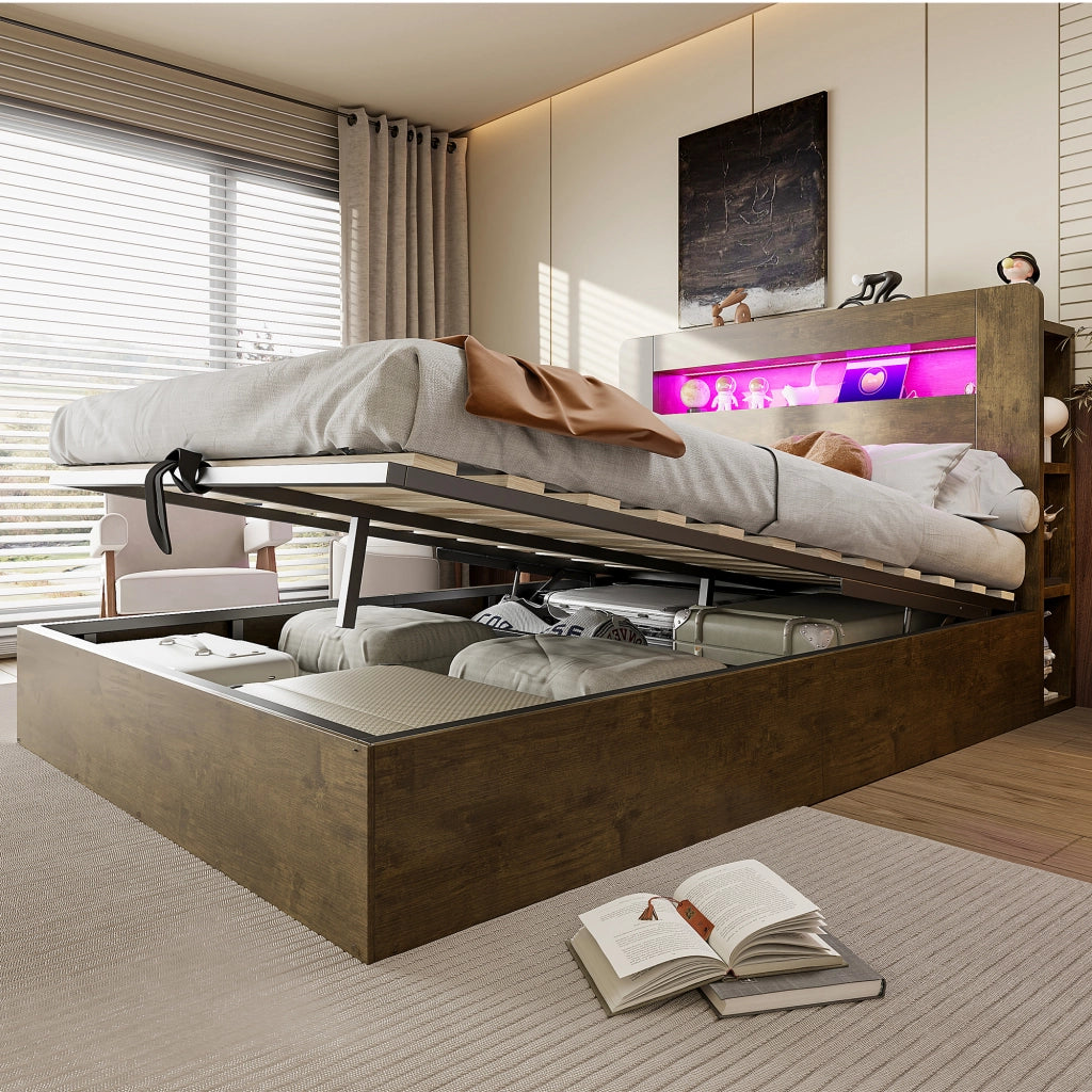 DESMIU Letto contenitore 140 × 200 cm 2 posti con sollevamento idraulico, LED, prese e ripiani, senza materasso, legno