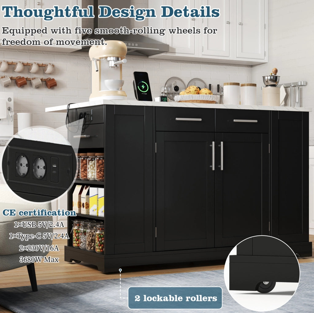 Isola cucina 138 cm con piano ribaltabile; ruote silenziose; presa EU; finitura nera