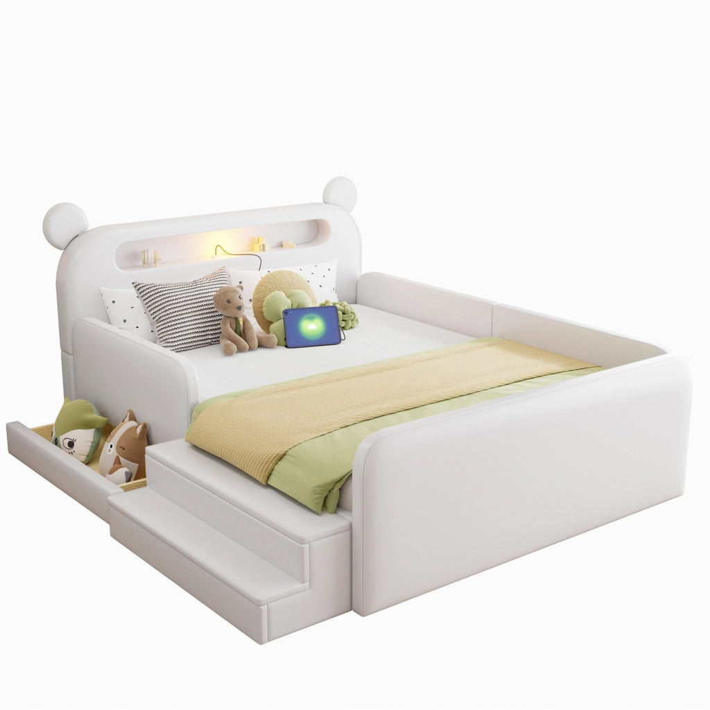 Letto imbottito per bambini 140x200 cm con testiera a forma di orso; USB e contenitore; bianco