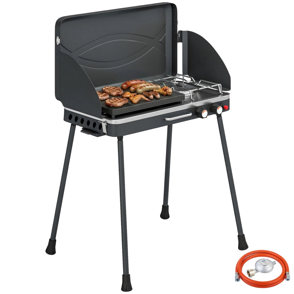 Grill a gas portatile 2 bruciatori ¨C zephmum ¨C 2-in-1 tavolo con coperchio e vento