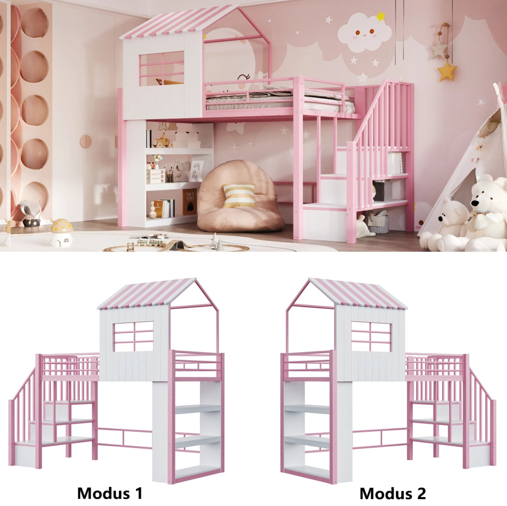 Letto a soppalco 90x200 cm rosa con scala contenitore