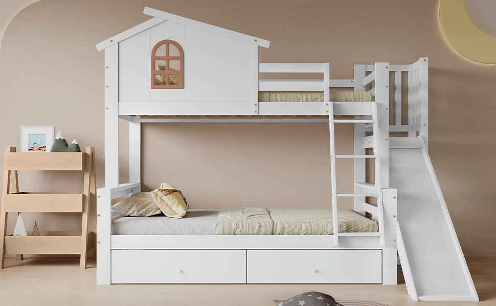 LETTO a castello con finestra e scivolo 90x200/120x200 cm Bianco