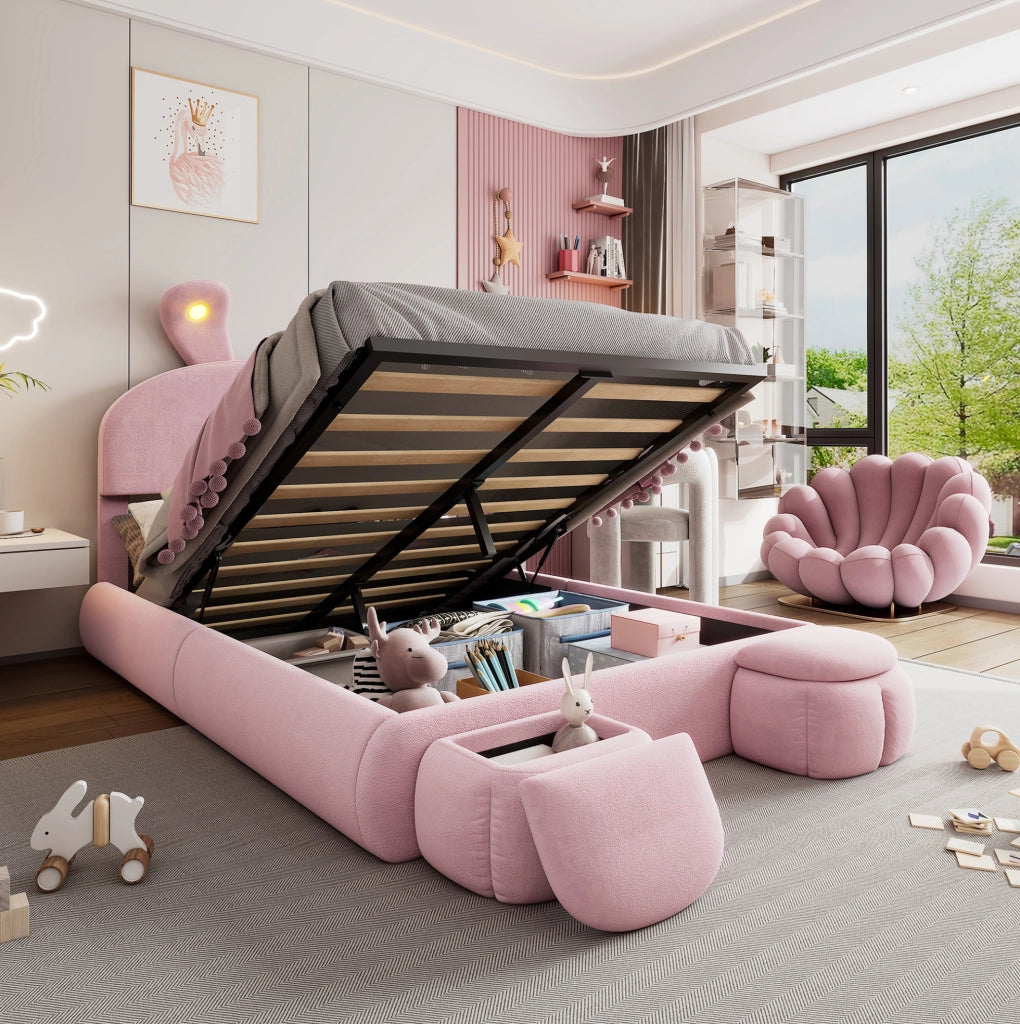 Letto imbottito 140x200 cm con contenitore e LED in velluto rosa