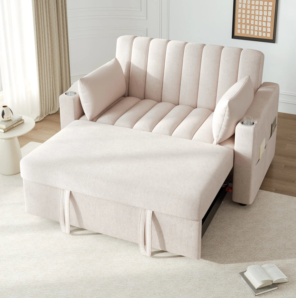 Divano letto 2 posti trasformabile con schienale reclinabile e portabevande; beige