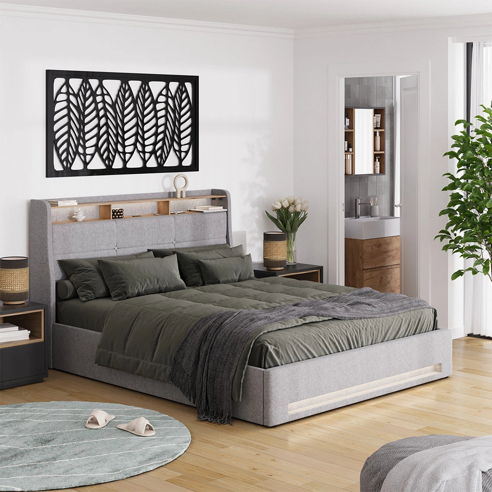 Vitalispa Letto imbottito Grigio/quercia 160x200 con LED, porta USB e materasso