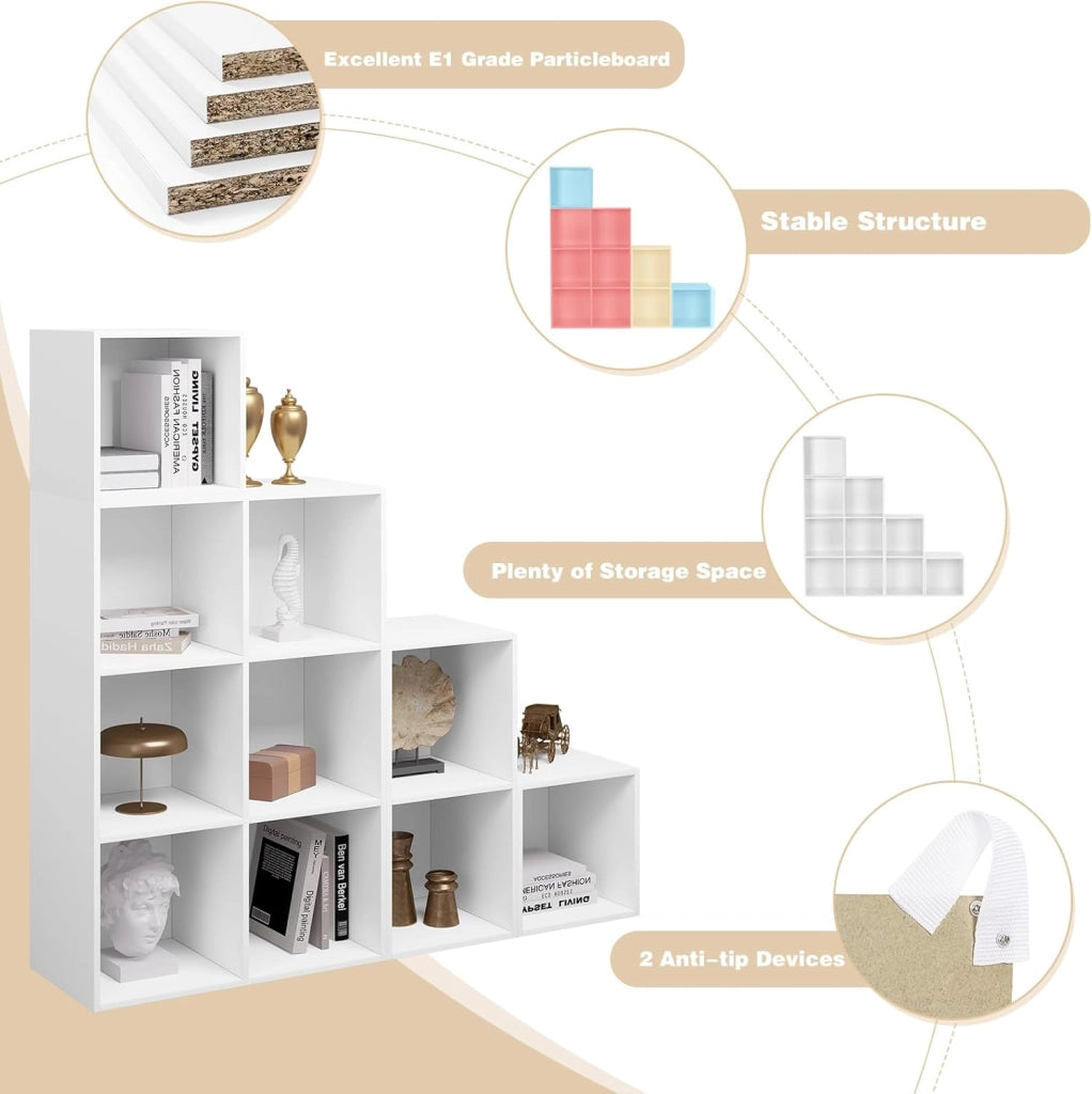 Libreria Scaffale, Libreria a 10 Cubi, Scaffale a Scala Componibile, Mobile Portaoggetti in Legno, Divisorio per Camera da Letto, Soggiorno, Ufficio, 120x30x120cm, Bianco, SK035ws