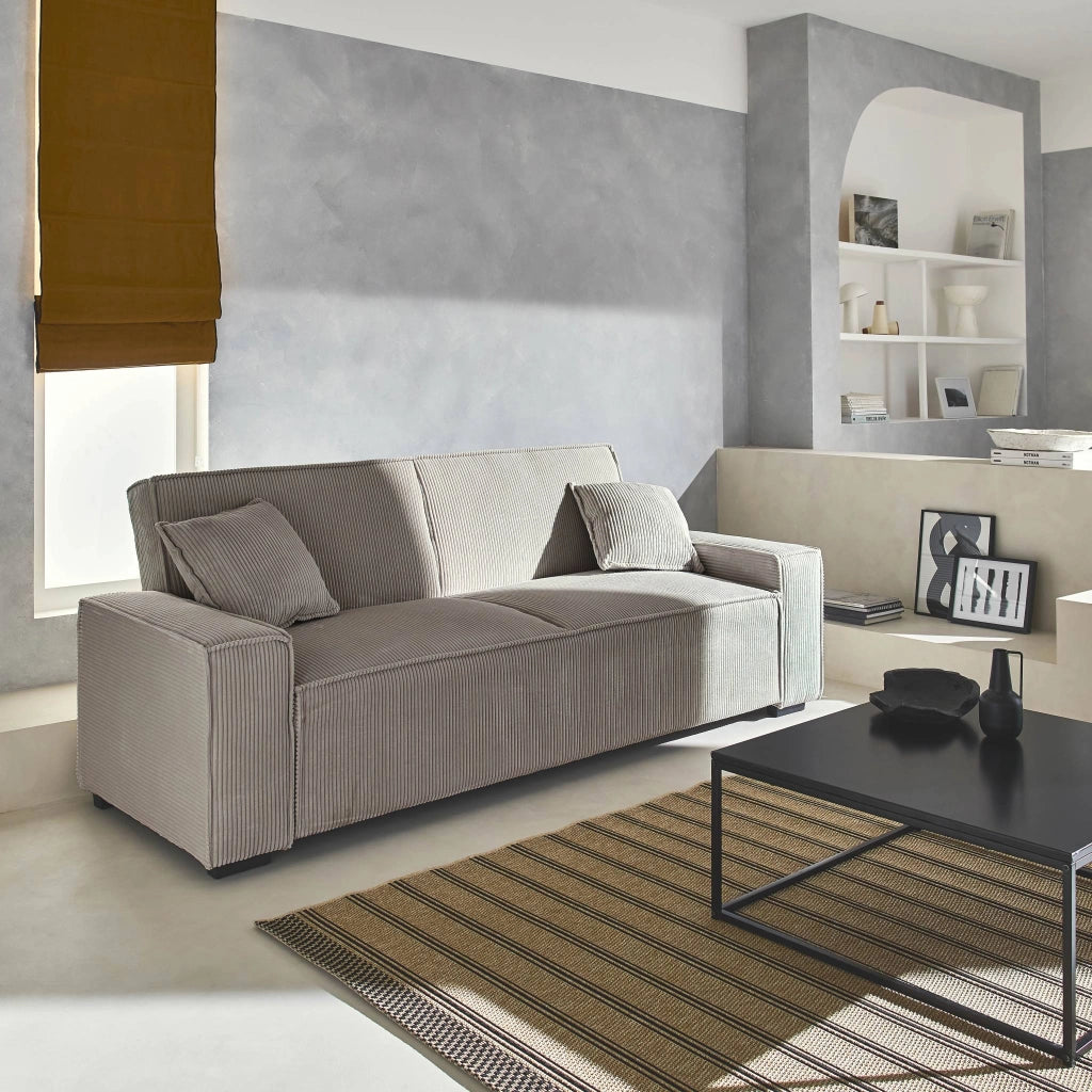 Divano letto in velluto a coste, 3 posti, beige