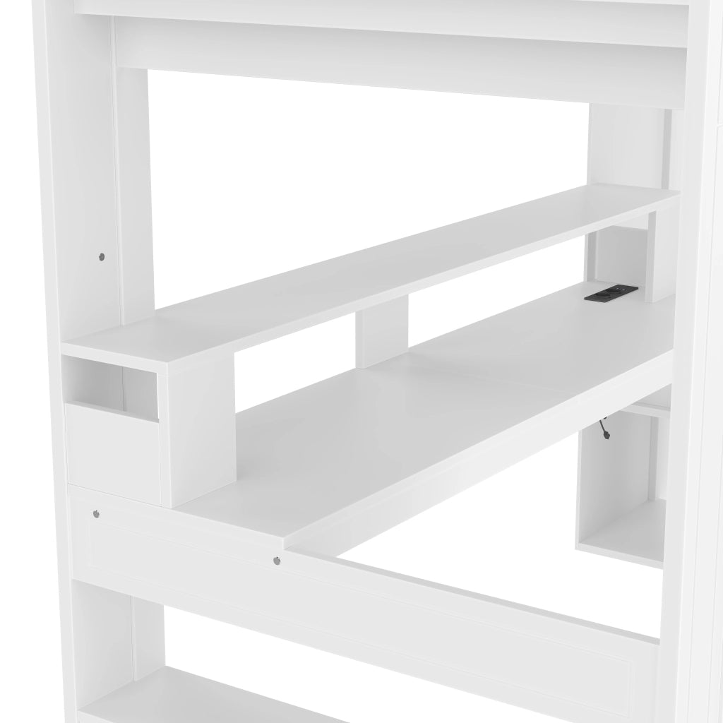Letto a Soppalco 90 × 200 cm Singolo con Scrivania; Cassetto; Scaffali e LED; senza Materasso; Bianco