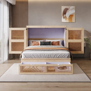Letto a scomparsa verticale 140x200 cm in legno colore naturale con cassetti e design rattan
