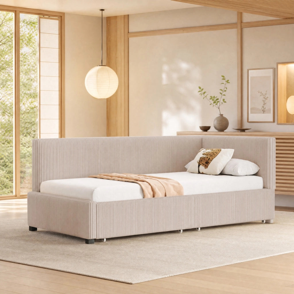 Divano letto imbottito in velluto beige 90x200 cm con 2 cassetti e rete a doghe