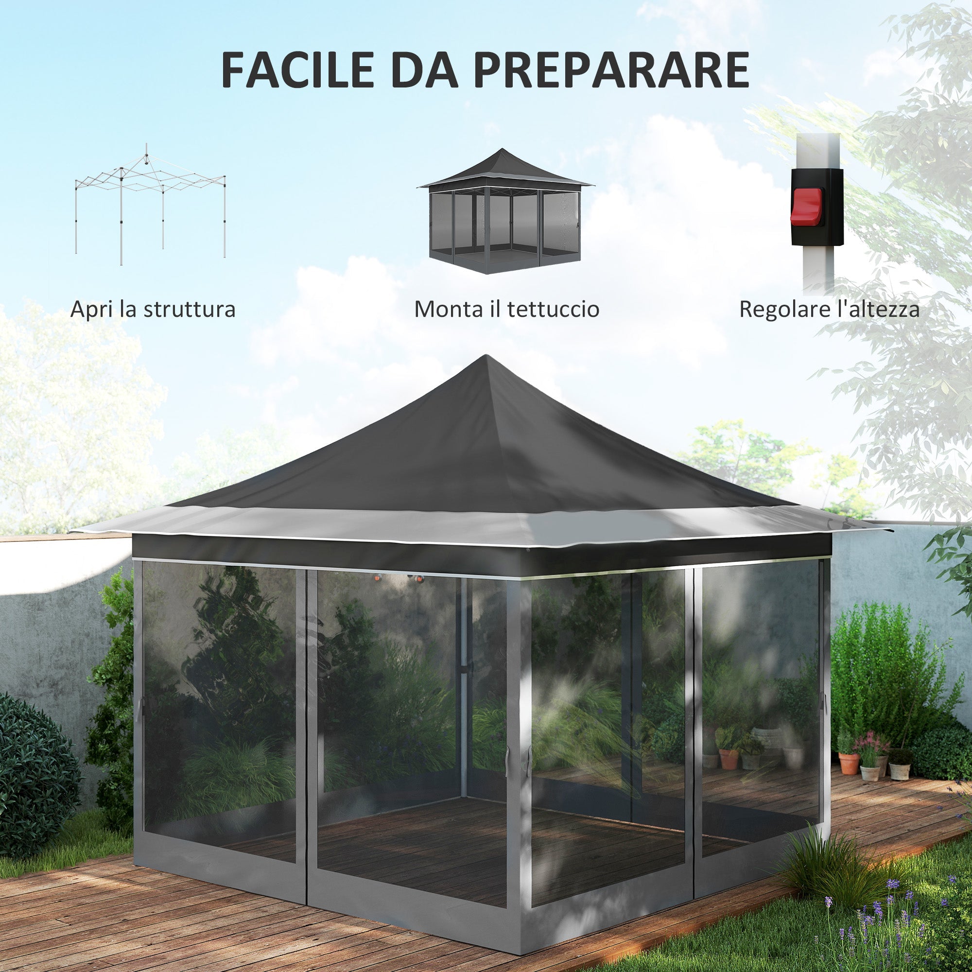 Gazebo da Giardino Pop Up 357x357x310 cm Altezza Regolabile e Zanzariere Grigio Scuro