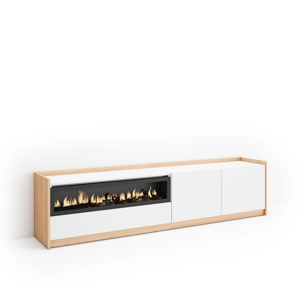 Mobile TV Soggiorno, 207x50x37 cm, Per TV fino a 80", Camino elettrico, Bianco e Rovere soft