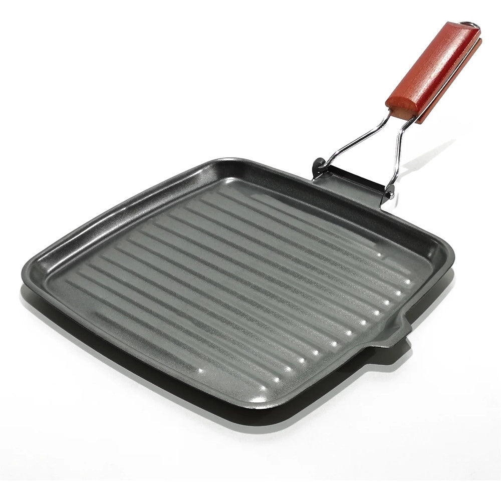 Trade Shop - Bistecchiera Antiaderente In Acciaio Al Carbonio Con Manico Pieghevole 25x25 Cm Cucina -