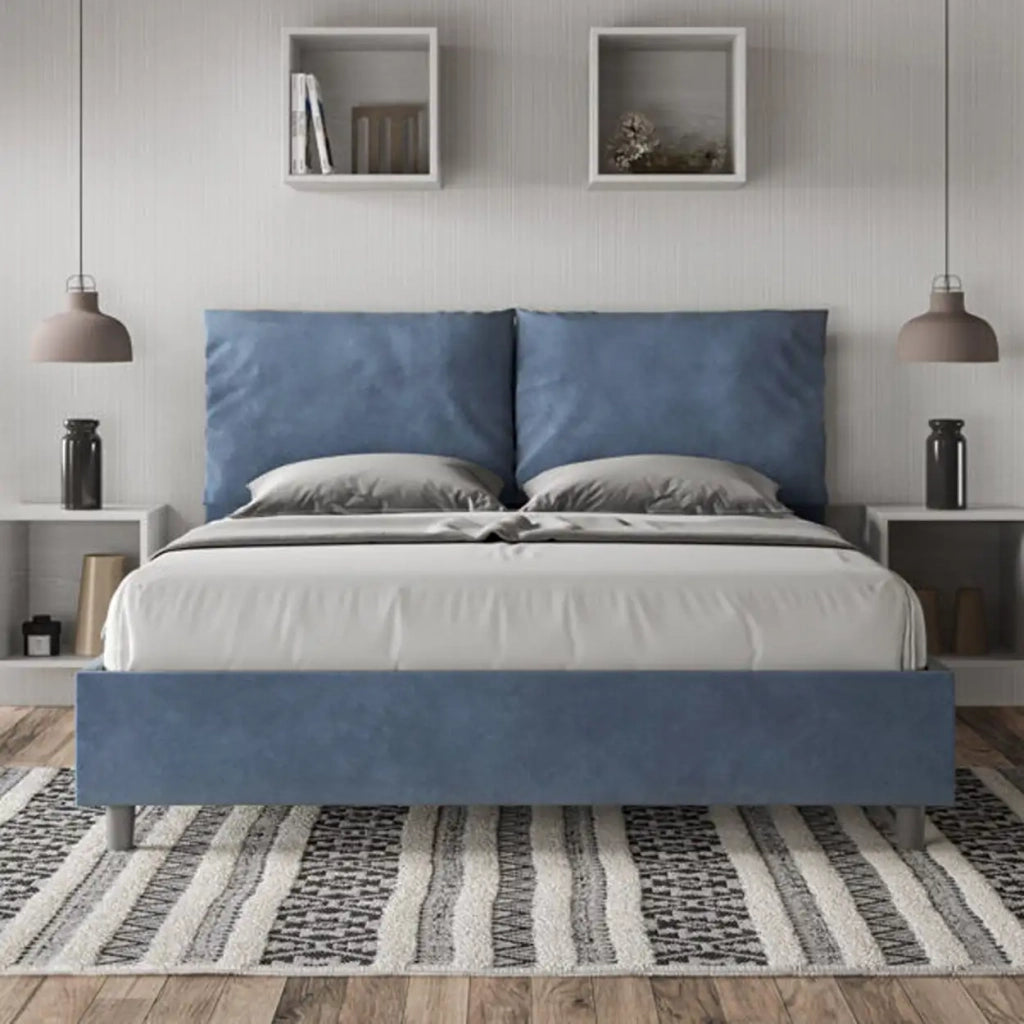 Letto matrimoniale con rete imbottito 160x190 microfibra blu Antea